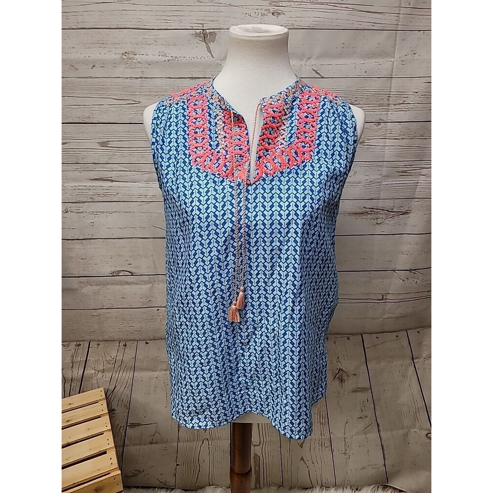 J. Crew Women’s Size 2 Silk Cotton Blend Embroidered Tank Top Blouse Tassel Blue